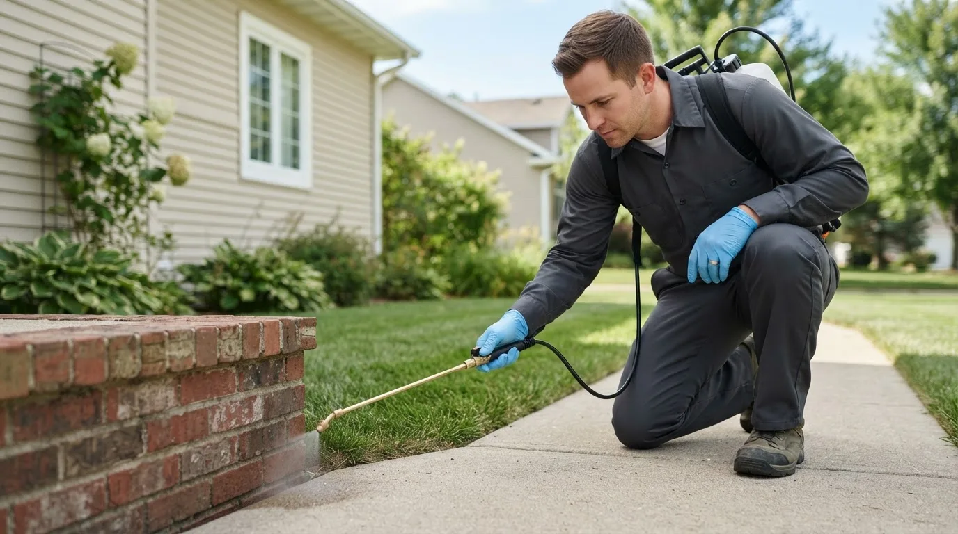 Pest control technician treating a home near Columbia, VA